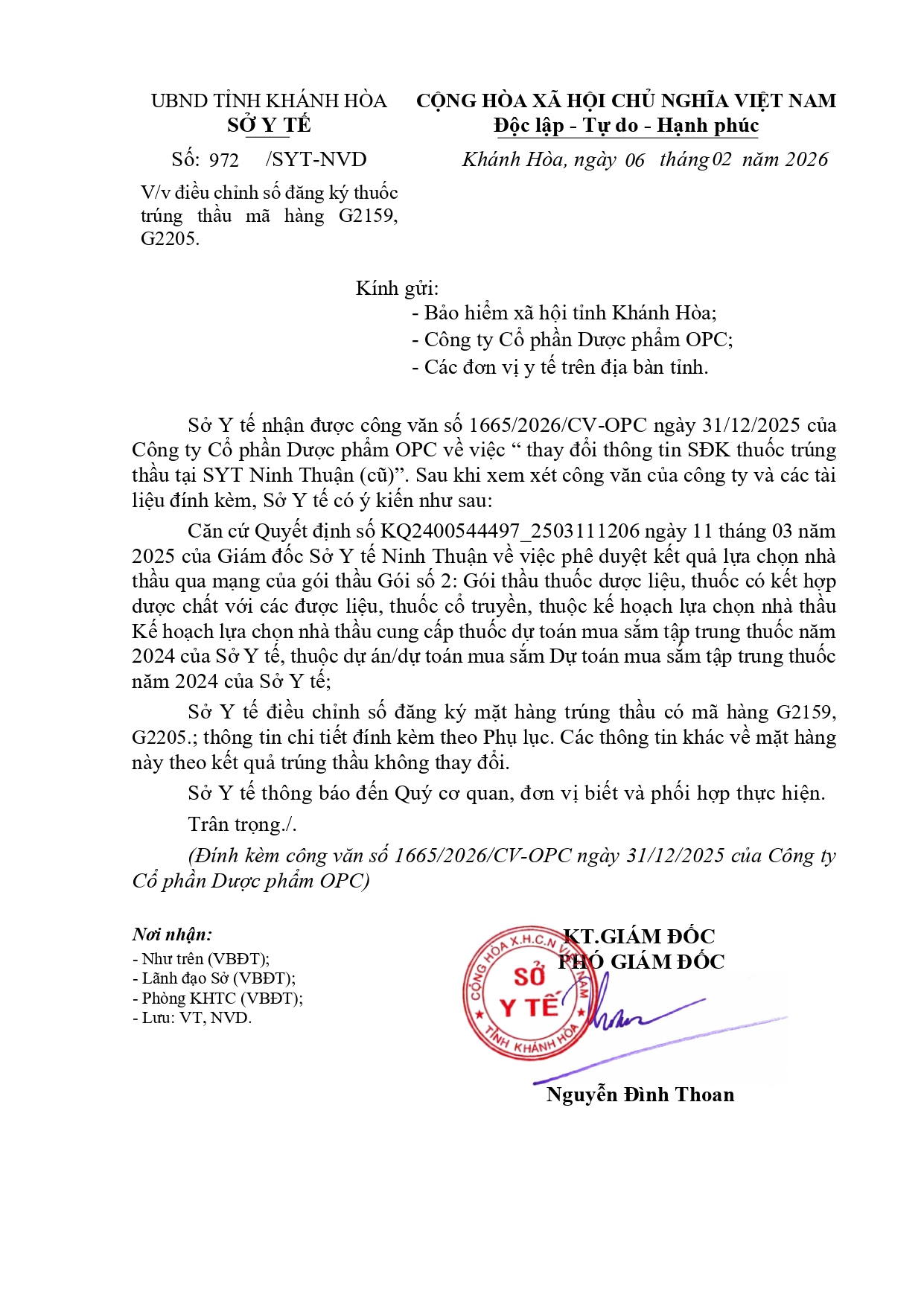 V/v điều chỉnh số đăng ký thuốc trúng thầu mã hàng G2159, G2205.